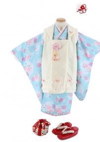 七五三 3歳女の子用被布[ひさかたろまん]白にフリルレース(着物)水色に小さめのバラNo.66V